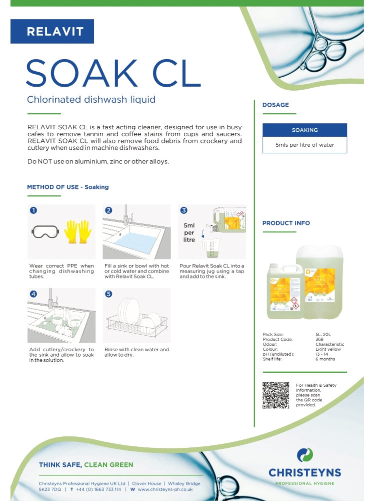 Christeyns Clover Relavit Soak CL (Trak / T-Cup) Chlorinated Dishwash Liquid (368)