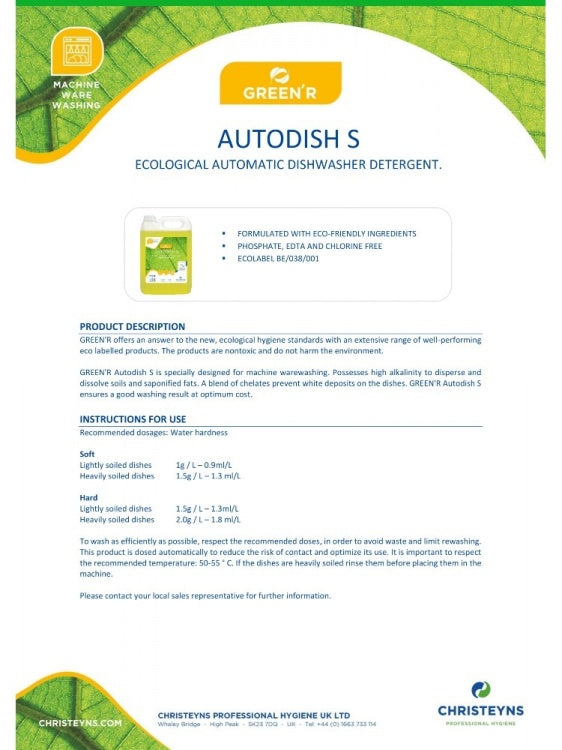 Clover Chemicals GREEN'R Autodish S Ecological Automatic Dishwashing Detergent (376)