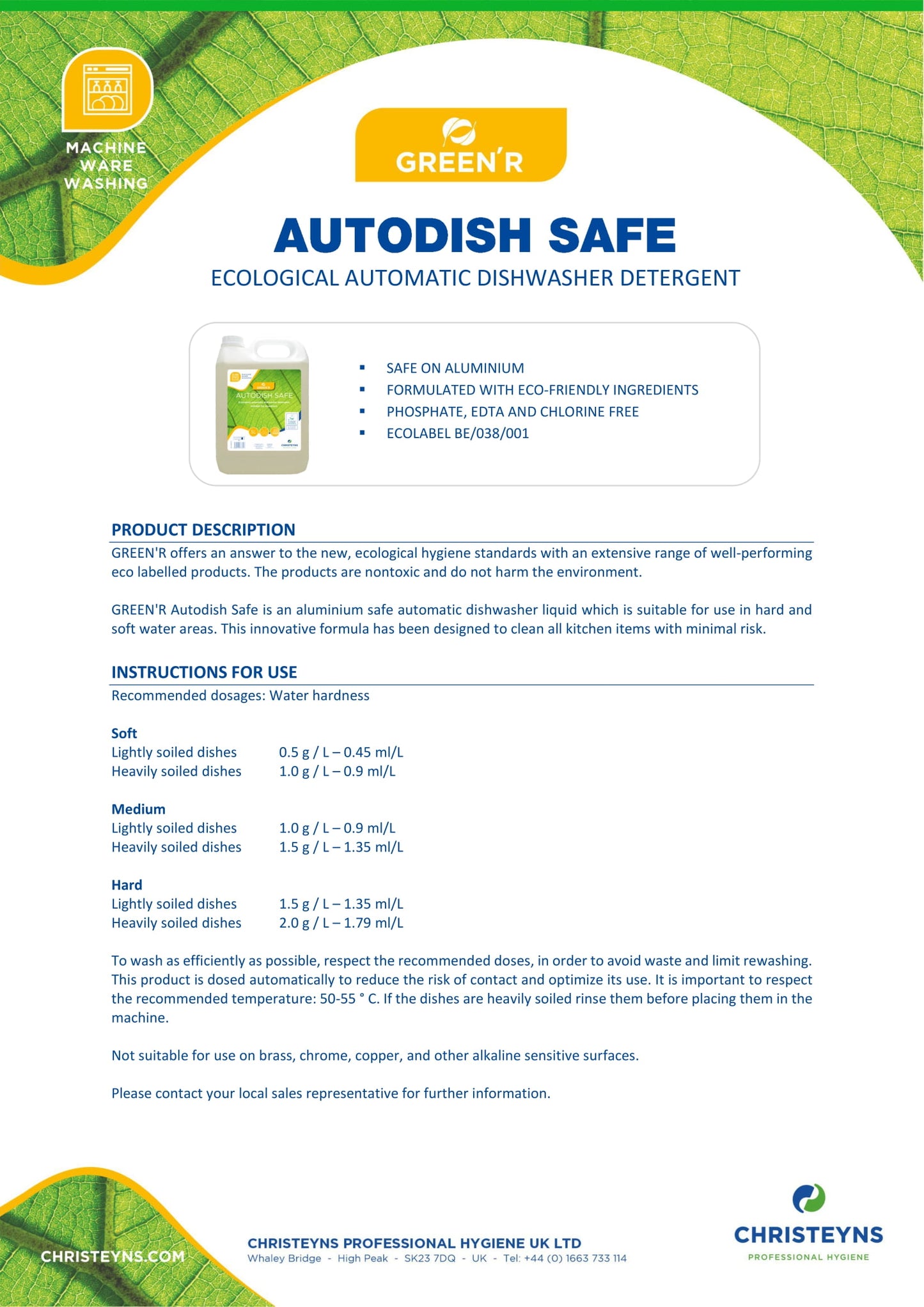 Christeyns Clover GREEN'R Autodish Safe Ecological Automatic Dishwashing Detergent