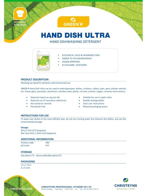 Clover Chemicals GREEN'R Hand Dish Ultra (490) product information sheet, page 1