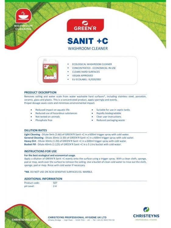 Clover Chemicals GREEN'R Sanit +C (507) product information sheet, page 1