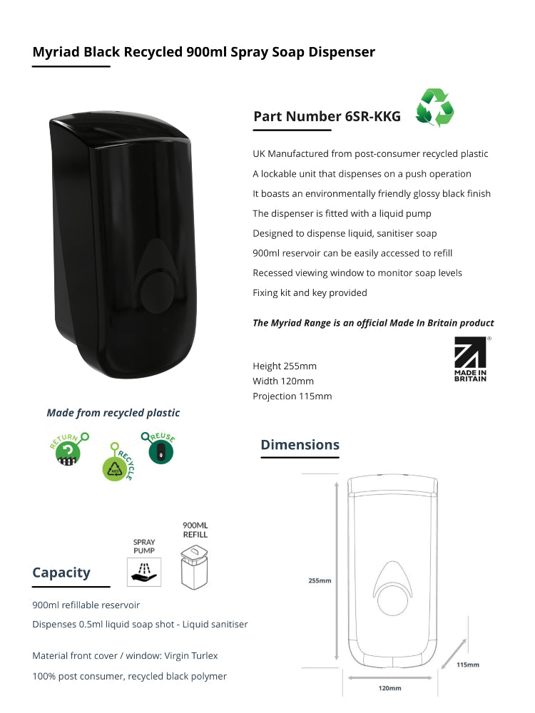 Myriad Gloss Black Recycled 900ml Soap Dispenser | Foam, Liquid or Spray Pump