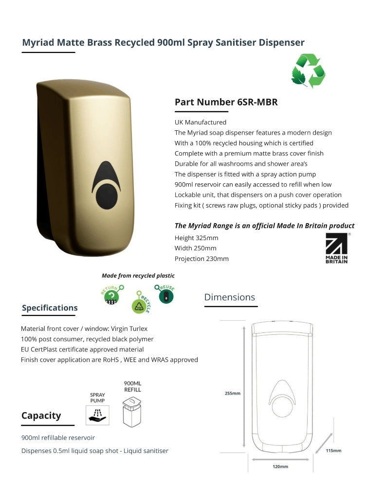 Myriad Matte Brass Recycled 900ml Soap Dispenser | Foam, Liquid or Spray Pump
