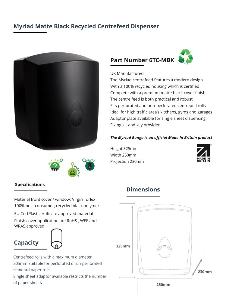 Myriad Matte Black Recycled Centrefeed Dispenser | UK Made