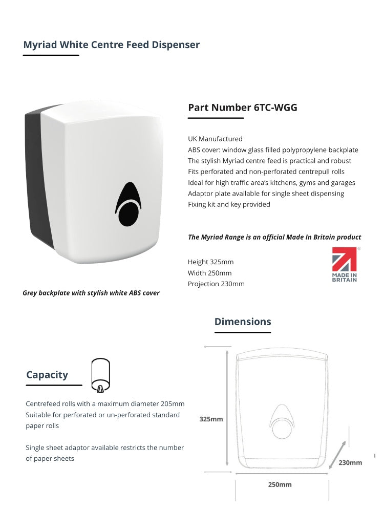 Myriad Gloss White Recycled Centrefeed Dispenser | UK Made