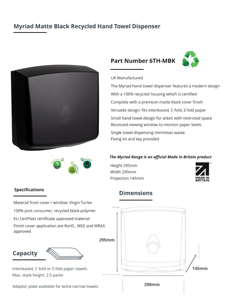 Myriad Matte Black Recycled Hand Towel Dispenser | Sustainable Commercial Paper Towel Dispenser