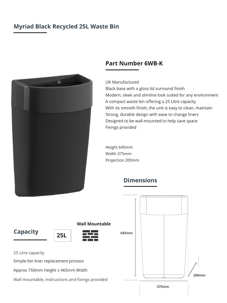 Myriad Gloss Black 25L Wall Mounted Waste Bin