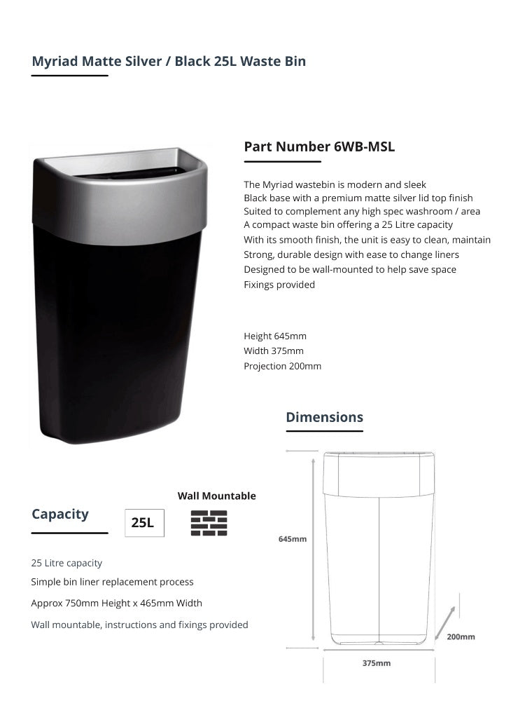 Myriad Matte Silver Black 25L Wall Mounted Waste Bin