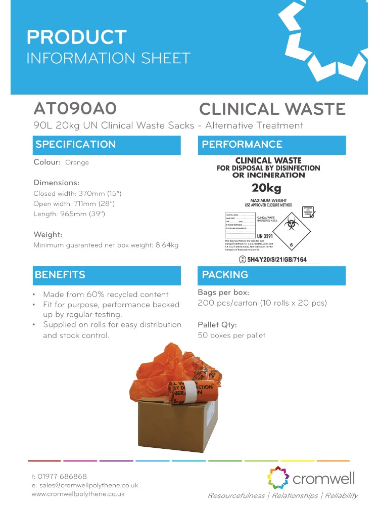 Orange Heavy Duty Clinical Waste Sacks 90L 20kg | UN3291 Alternative Treatment Bags | Rolls of 20