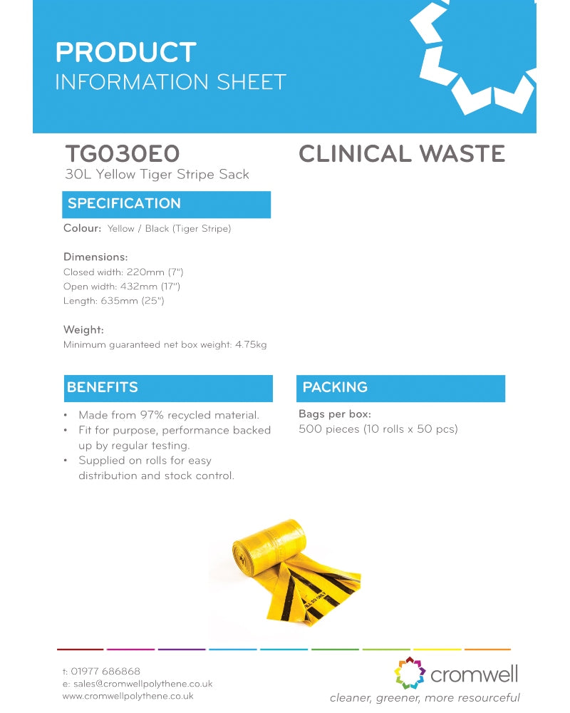 Tiger Stripe Light Duty Clinical Waste Sacks 30 Ltr 5 Kgs | Yellow & Black Offensive Waste Bags (Rolls of 50)