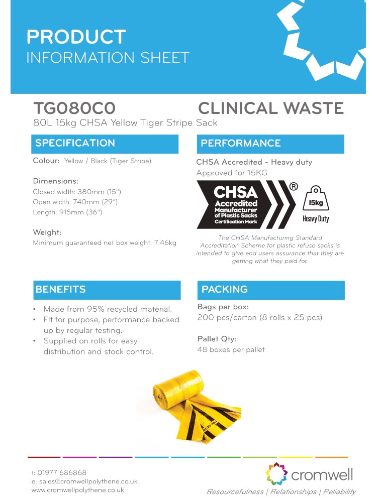 Tiger Stripe Heavy Duty Clinical Waste Sacks 80 Ltr 15 Kgs | Yellow & Black Offensive Waste Bags (Rolls of 25)