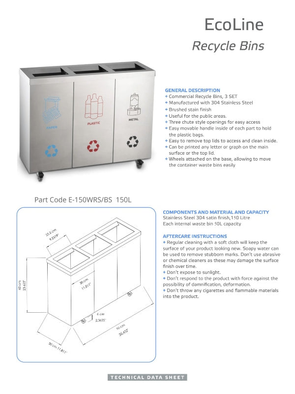 Ecoline Recycling Stainless Steel 150L Moveable Waste Bin