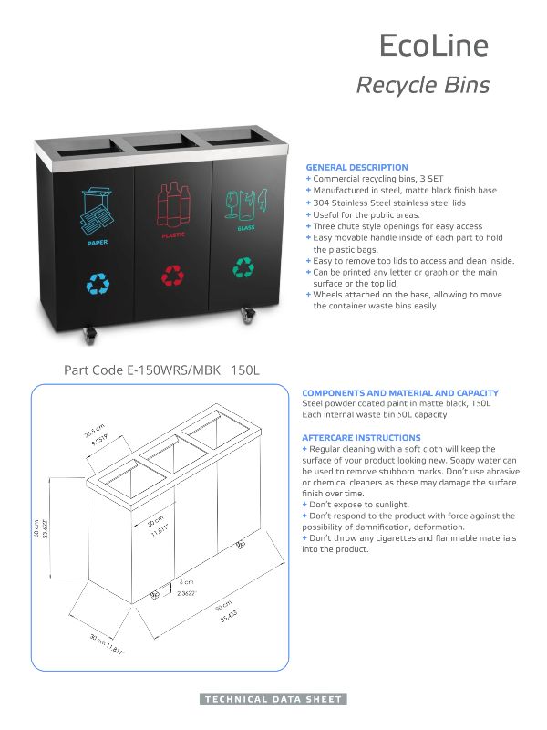 Ecoline Recycling 150L Matte Black Moveable Waste Bin