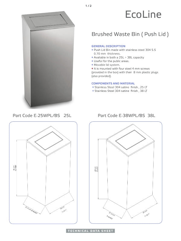 Ecoline Brushed Stainless Waste Bin (Push Lid) 25Ltr – 50Ltr