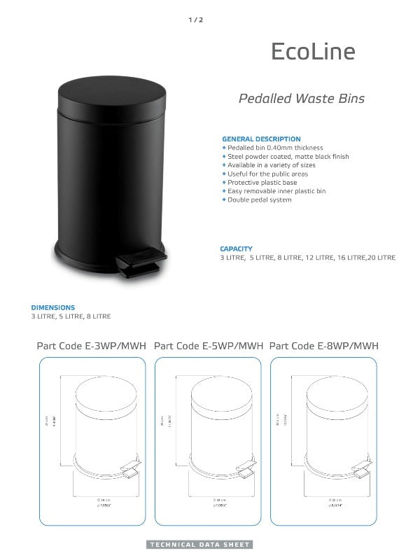 Ecoline Matte Black Waste Bin (Pedal Lid) 20Ltr - 30Ltr