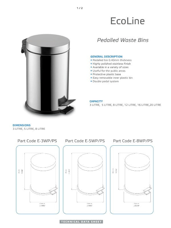 Ecoline Polished Stainless Waste Bin (Pedal Lid) 20Ltr - 30Ltr