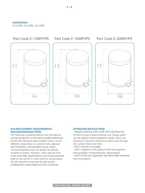 Ecoline Polished Stainless Waste Bin (Pedal Lid) 20Ltr - 30Ltr