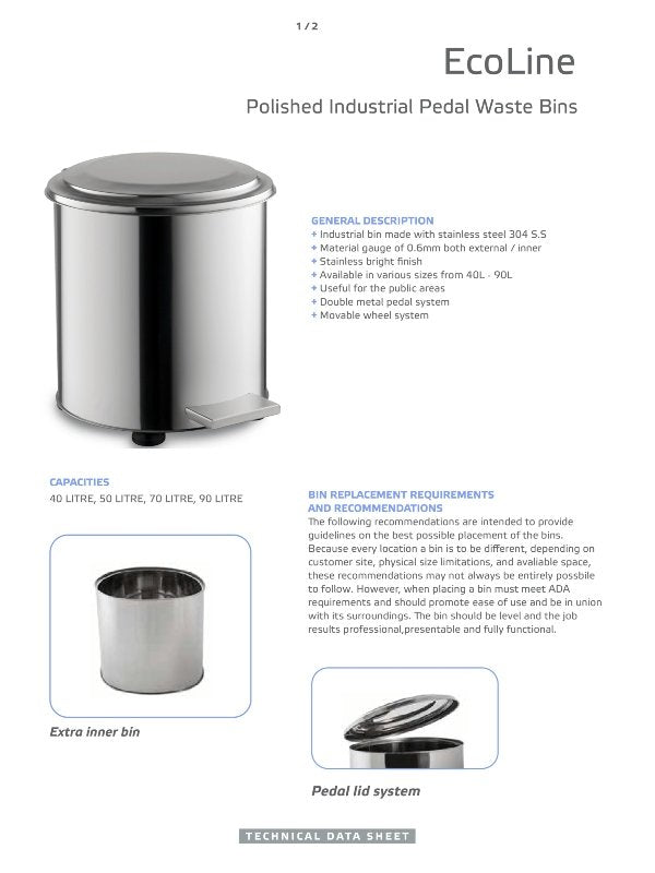 Ecoline Polished Stainless Industrial Waste Bin 40Ltr – 90Ltr