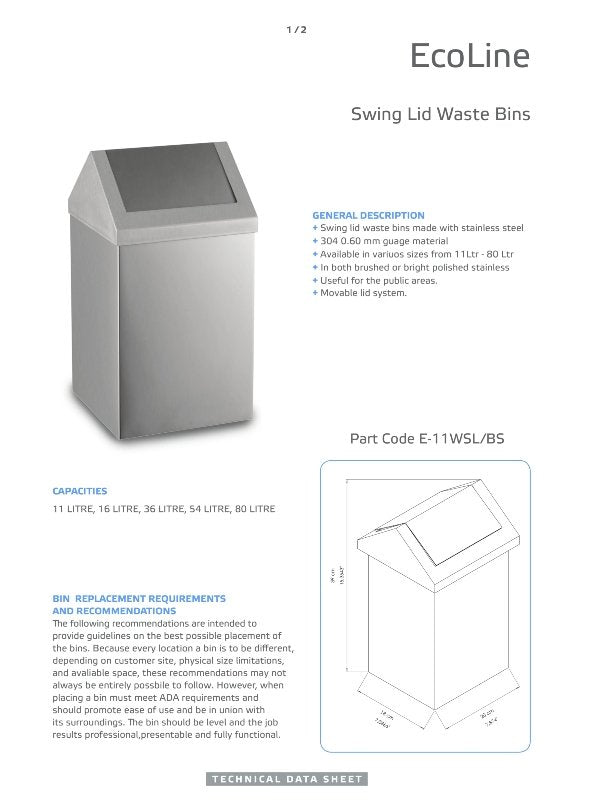 Ecoline Brushed Stainless Waste Bin (Swing Lid) 36Ltr – 80Ltr