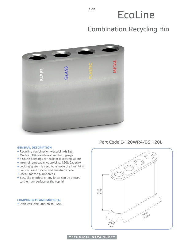 Ecoline Recycling Stainless Steel 120L Cylinder Waste Bin