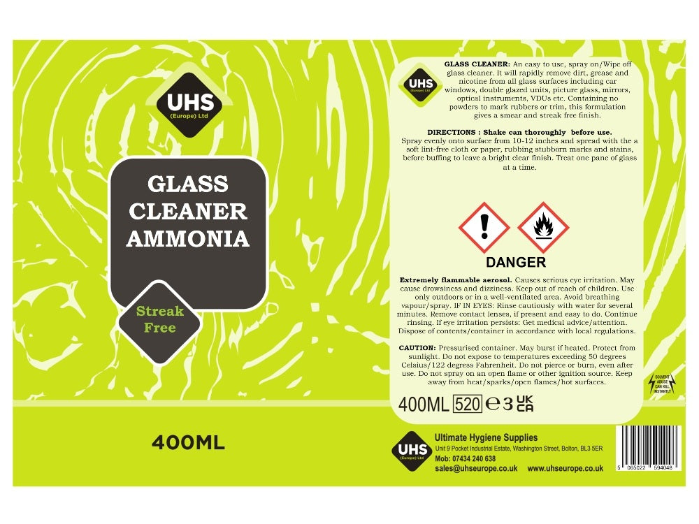 Glass Cleaner 400ml - Ammonia Formulation, Smear & Streak Free - UHS EUROPE