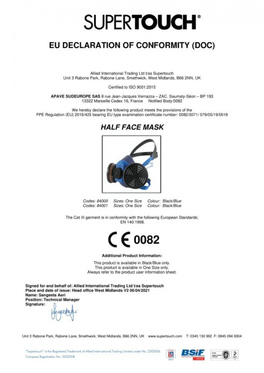 Supertouch Half Face Mask - A1P3 Filters