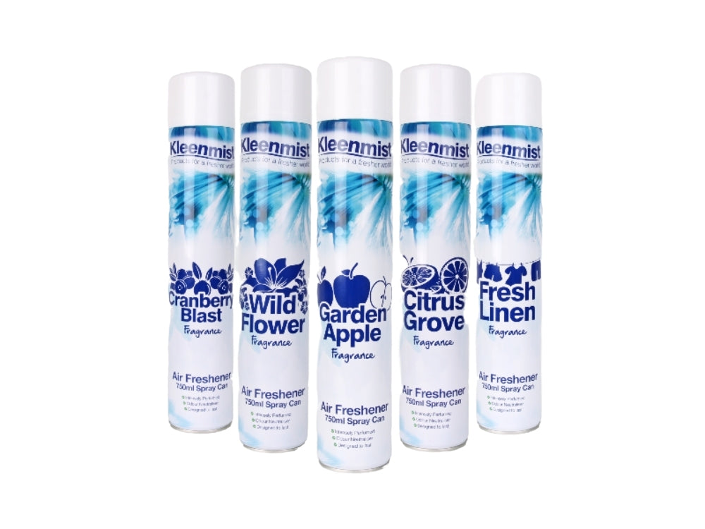 Kleenmist 750ml air freshener aerosols, fragrance range