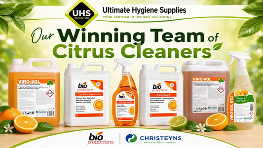 Professional citrus solvent-based cleaners including Viro-Sol, Citra Clean Concentrate and Orange Squirt from UHS Europe for grease, oil, adhesive and grime removal.