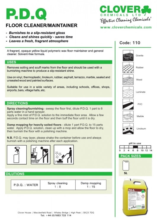 Clover Chemicals P.D.Q. Floor Cleaner / Polish Maintainer (110)