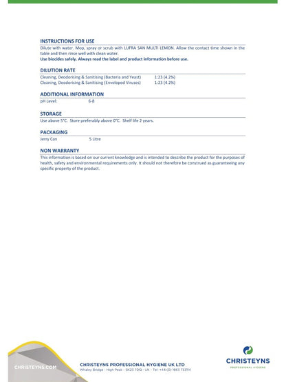 Christeyns Clover Lufra San Multi Lemon Daily Cleaner and Disinfectant (202)