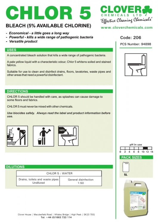 Clover Chemicals Chlor 5 Bleach (206) High Strength Disinfectant