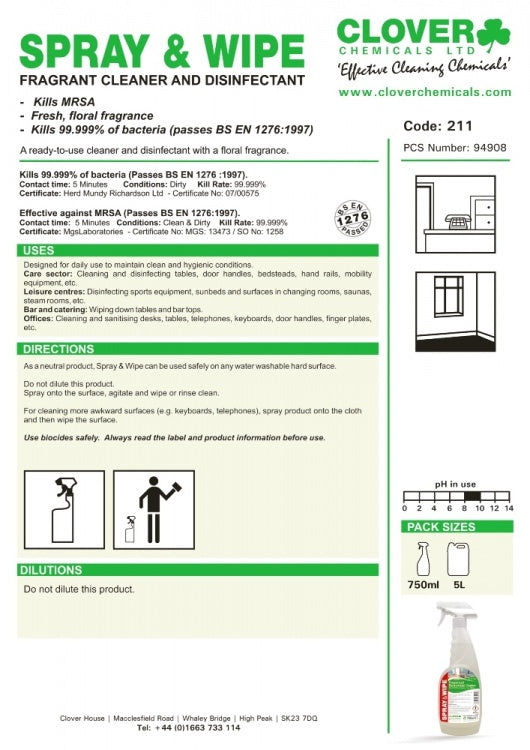 Clover Chemicals Spray & Wipe Fragranced Bactericidal Cleaner (211)