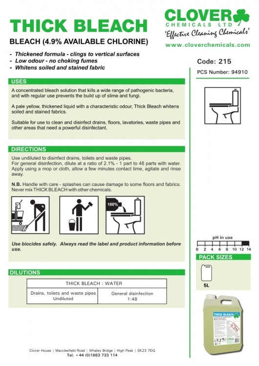 Clover Chemicals Thick Bleach (215) Concentrated Thickened Bleach