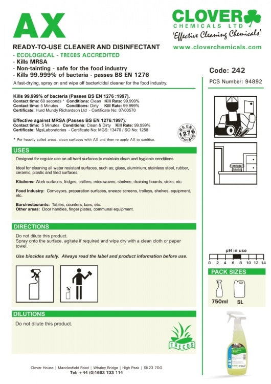 Clover Chemicals  AX - Bactericidal Surface Cleaner - Ready to use (242)