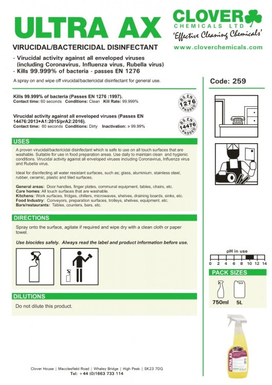 Clover Chemicals Ultra AX  Virucidal  and Bactericidal Disinfectant (259)