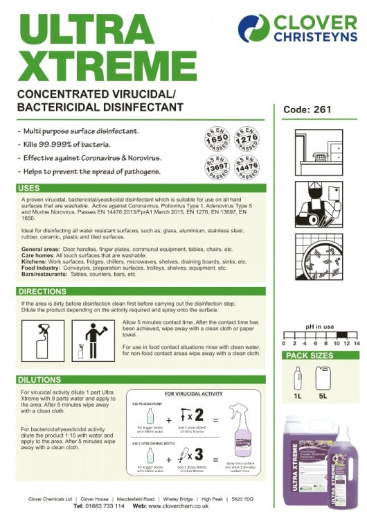 Clover Chemicals Ultra Xtreme Concentrated Virucidal/Bactericidal Disinfectant (261)