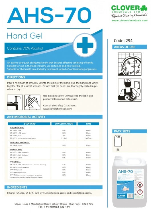 Clover Chemicals AHS-70 Hand Gel - Contains 70% Alcohol (294)