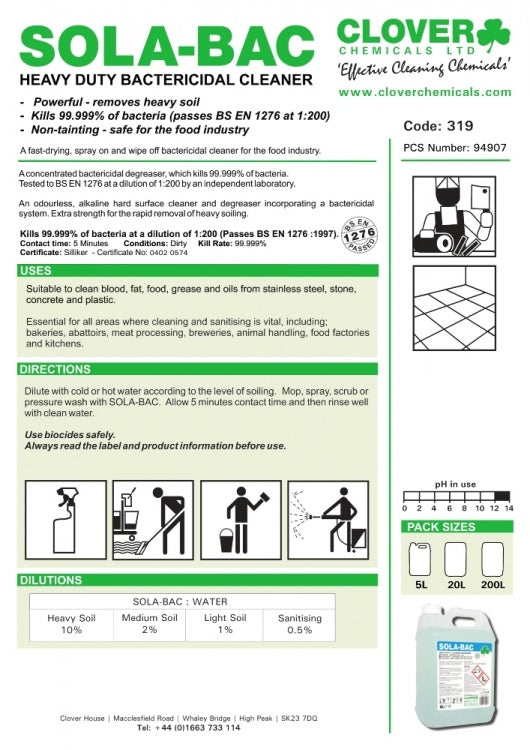 Clover Chemicals Sola-Bac Heavy Duty Bactericidal Cleaner (319)