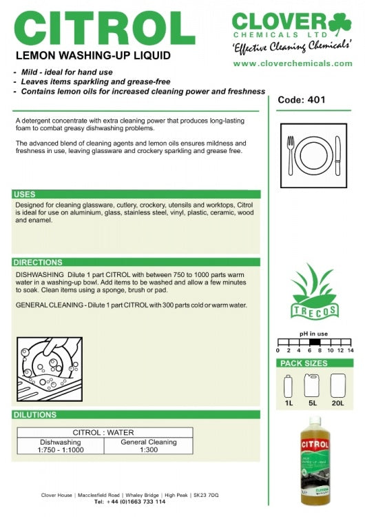 Clover Chemicals Citrol Lemon Washing Up Liquid (401)