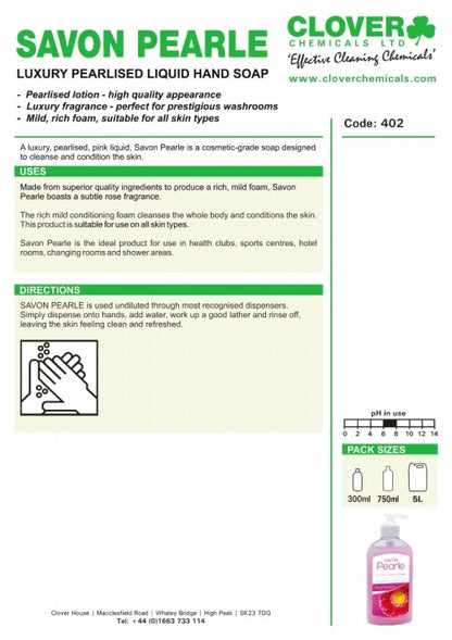 Clover Chemicals Savon Pearle (402) product information sheet
