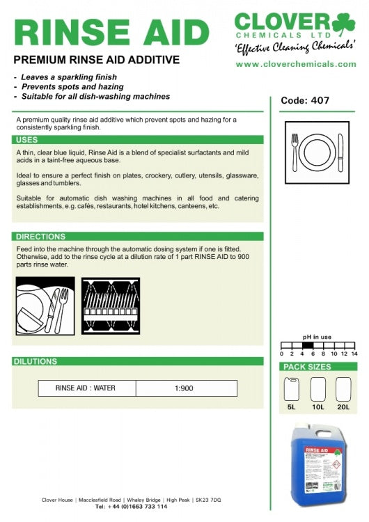 Clover Chemicals Rinse Aid - Premium Rinse Aid Additive (407)