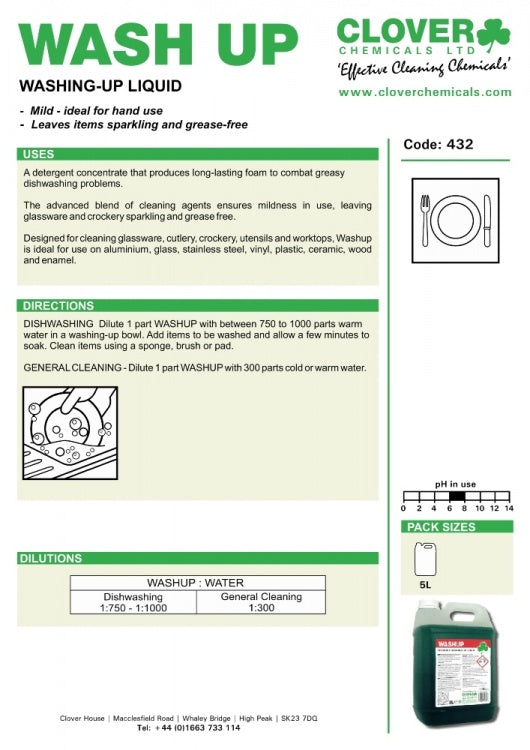Clover Chemicals Wash Up Concentrated Liquid Detergent (432)