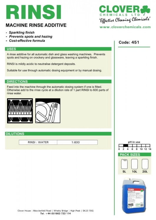 Clover Chemicals Rinsi Machine Rinse Additive (451)