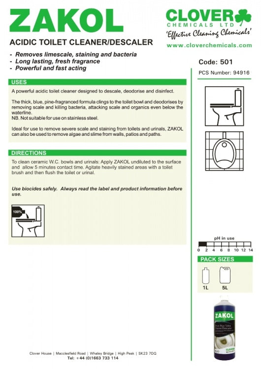 Clover Chemicals Zakol Acidic Toilet Cleaner / Descaler (501)