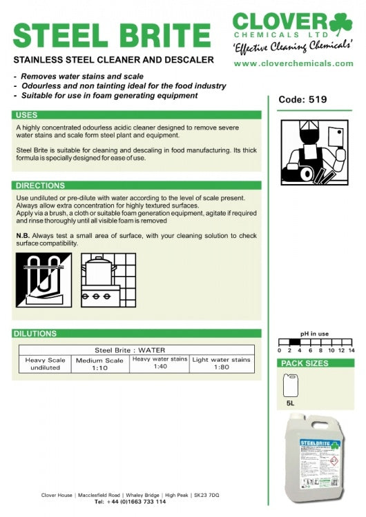 Clover Chemicals Steelbrite Stainless Steel Cleaner & Descaler (519)
