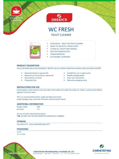 Clover Chemicals GREEN'R WC Fresh Ecological Toilet Cleaner & Descaler (550)