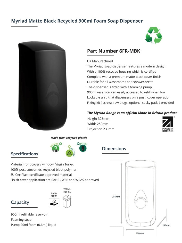 Myriad Matte Black Recycled 900ml Soap Dispenser | Foam, Liquid or Spray Pump