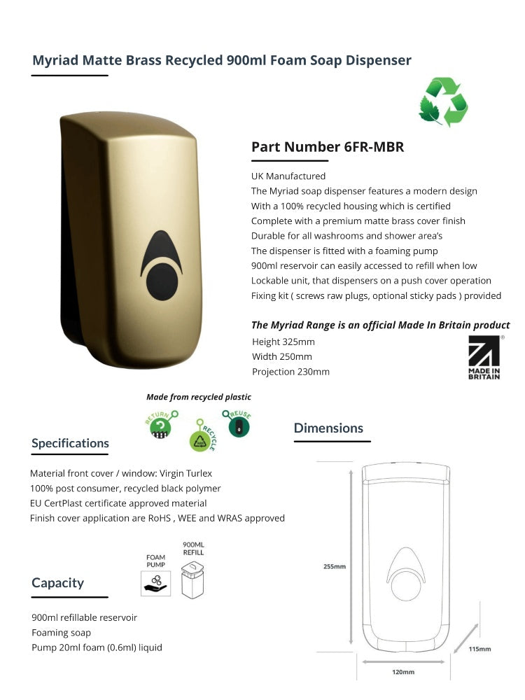 Myriad Matte Brass Recycled 900ml Soap Dispenser | Foam, Liquid or Spray Pump