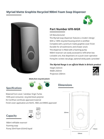 Myriad Matte Graphite Recycled 900ml Soap Dispenser | Foam, Liquid or Spray Pump
