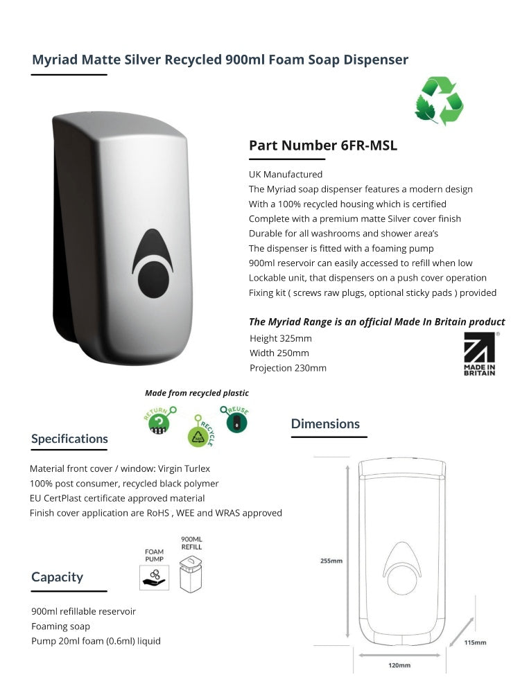 Myriad Matte Silver Recycled 900ml Soap Dispenser | Foam, Liquid or Spray Pump